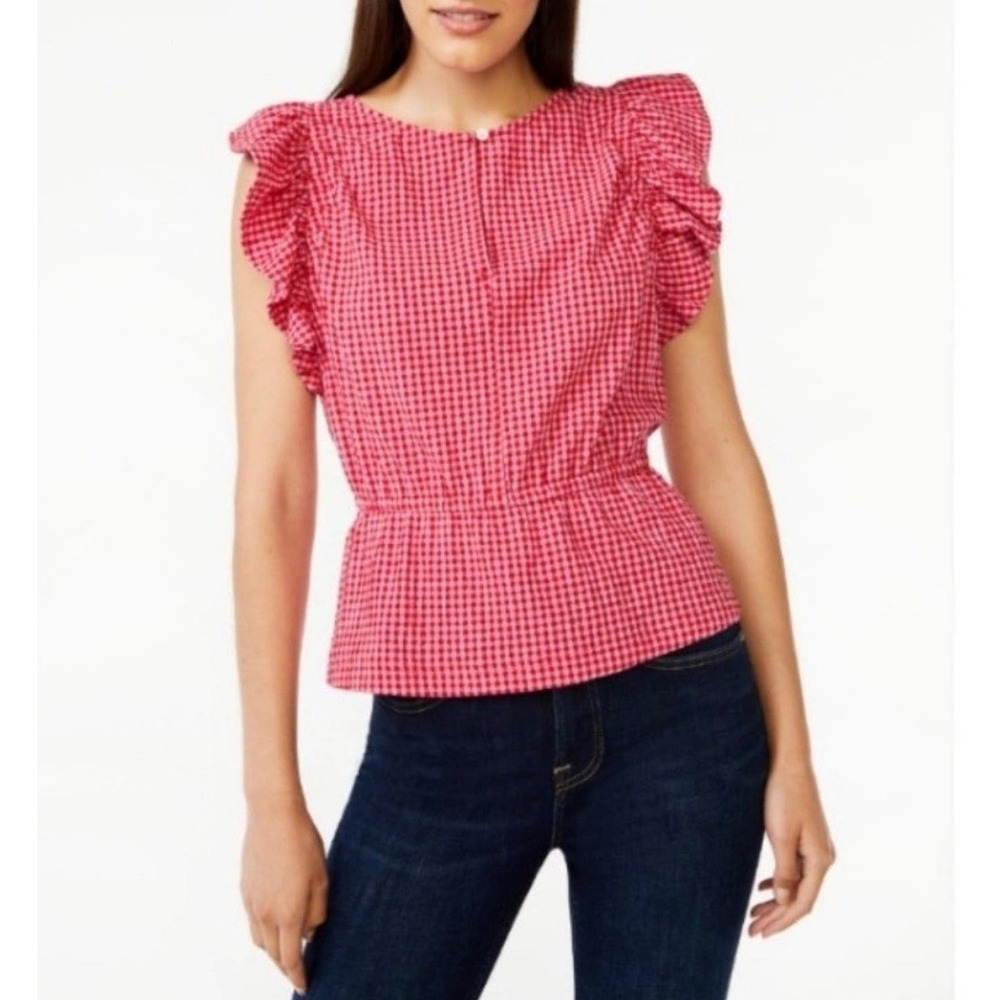 Free Assembly Women's Gingham Ruffle Peplum Top Red Pink Medium cottagecore
